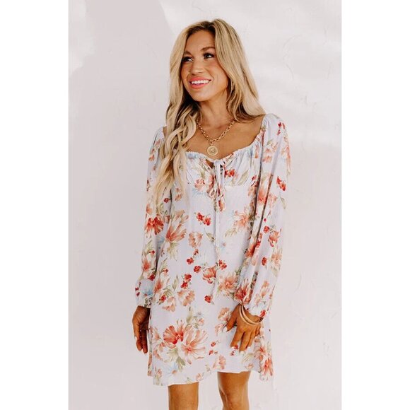 Women's Floral Dress Flowy Long Bell Sleeve Tie Front Deep Zipper V Back Size S - Picture 2 of 15